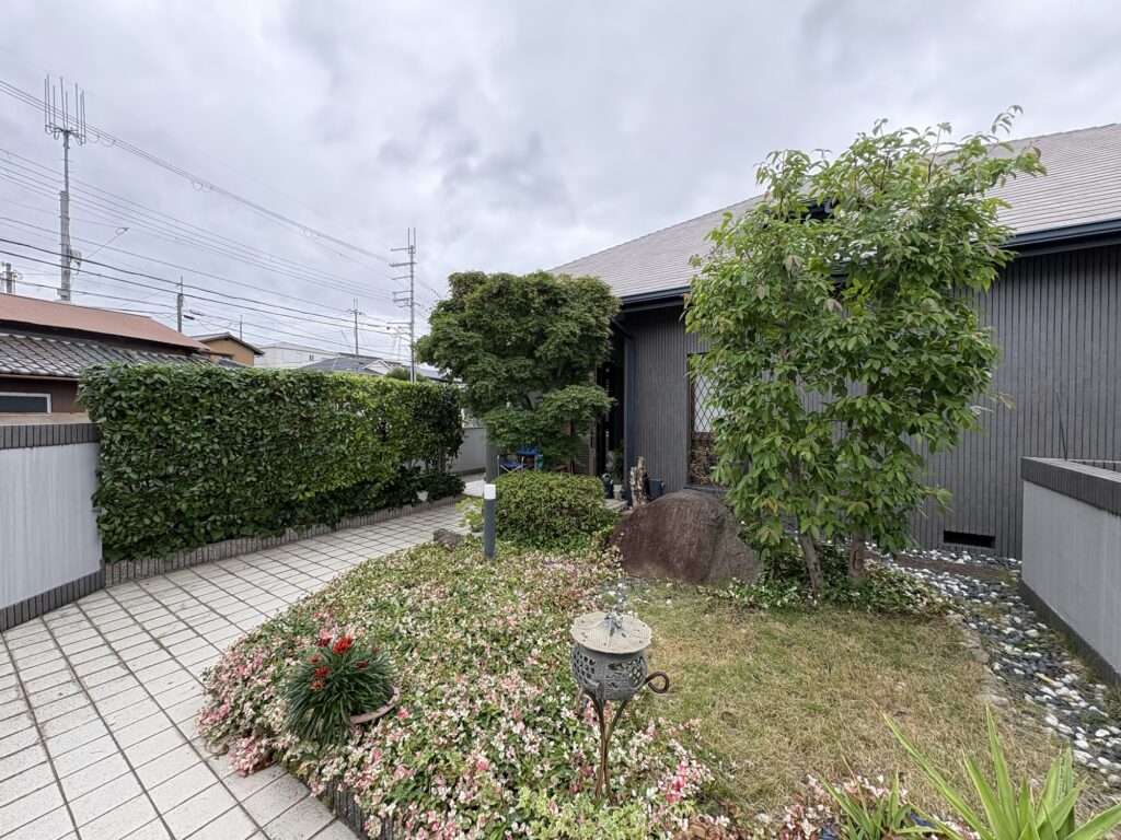 伊丹市で植木屋によるヤマボウシ・紅葉・レッドロビンの生垣の剪定作業後の綺麗になった様子